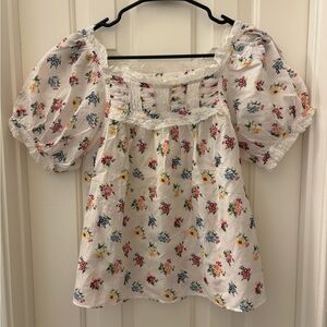 Doen White Floral Lace-Trim Puff Sleeve Blouse